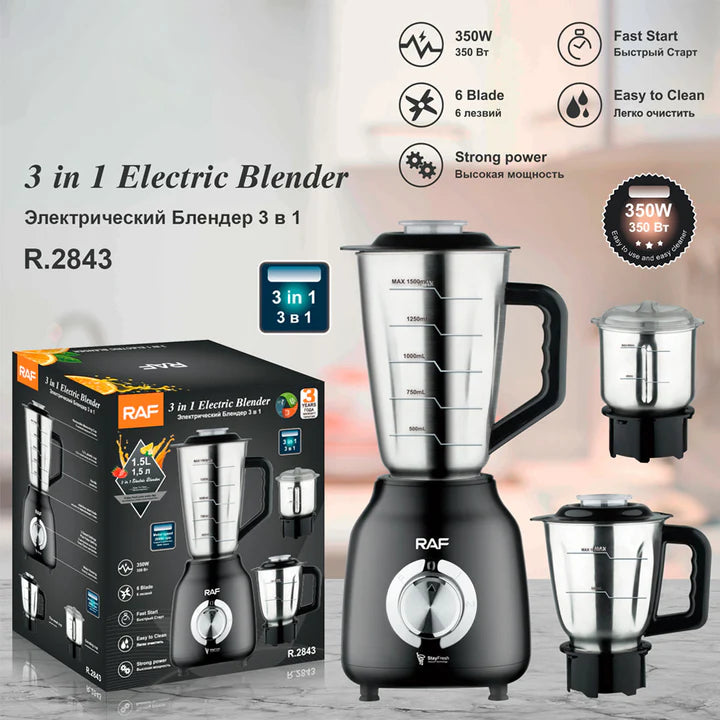 Blender Profesional RAF 3 în 1 – 350W, 1.5L, Design Inox, 5 Setari de Putere