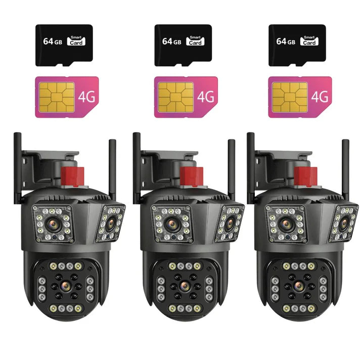 Set 3x Camere Triple 4G/Cablu 6K 12MP, Zoom Digital 8X, AI Motion Detection, Night Vision, PTZ 355°/90°, IP66, 3x Card 64GB Incluse
