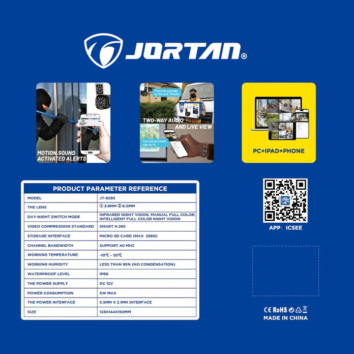 Camera Duala WiFi Jortan - 6MP, Full HD 4K, LAN/WiFi cu Alarma, Detectare Umana, Recunoastere Faciala