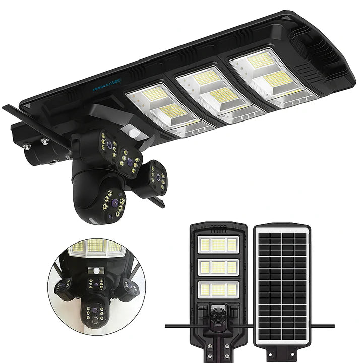 Lampa Stradala 450W cu 3 Camere - V380Pro 12MP, Panou Solar, Slot SIM 4G, Card 32GB Inclus