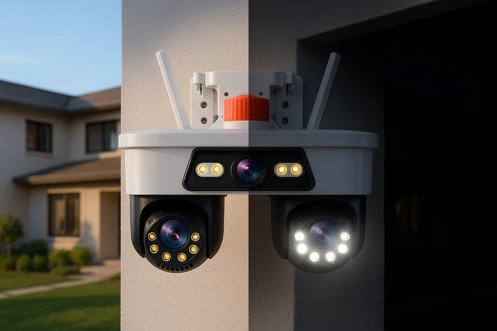 Camera Tripla WiFi/LAN Jortan, 9MP, Dual Head PTZ 355°, Viziune Nocturna Color, Detectare Umana AI, IP66