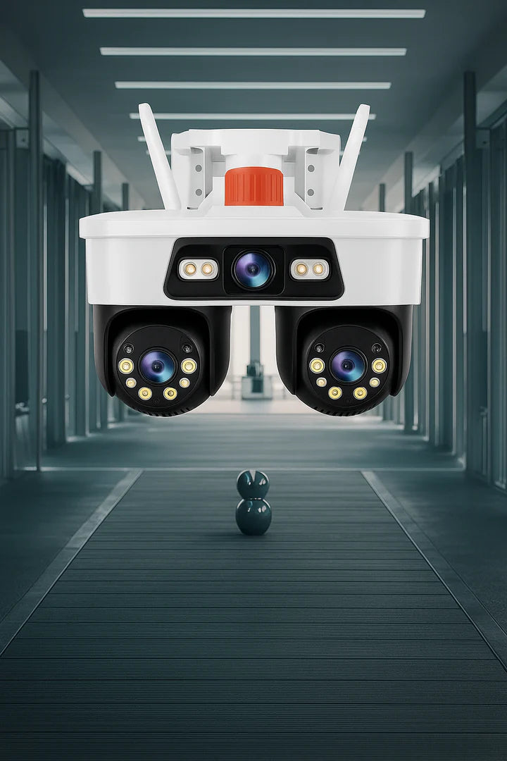 Camera Tripla WiFi/LAN Jortan, 9MP, Dual Head PTZ 355°, Viziune Nocturna Color, Detectare Umana AI, IP66, Card 64GB Inclus