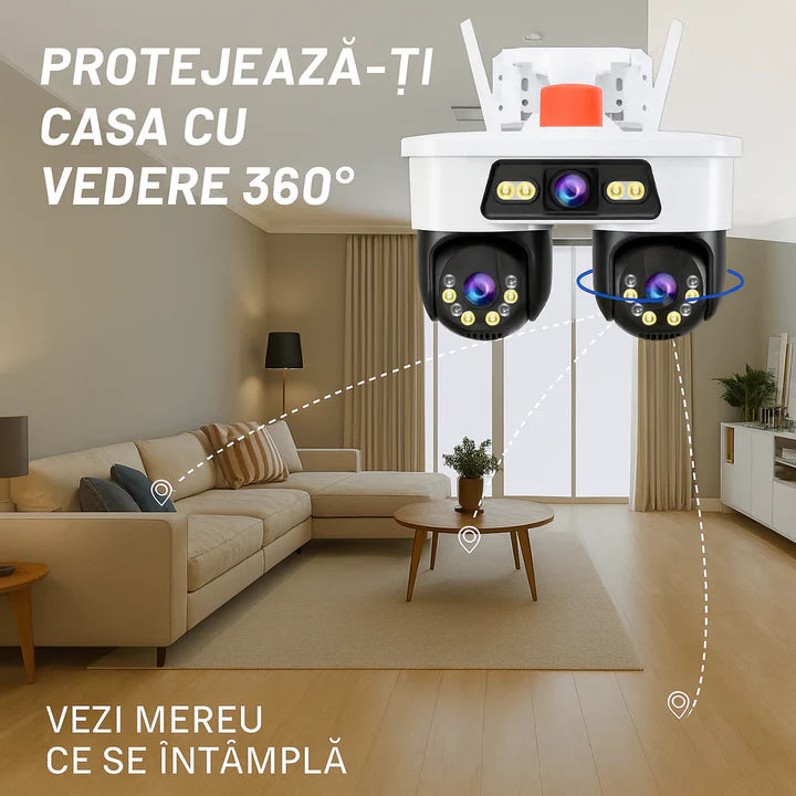 Camera Tripla WiFi/LAN Jortan, 9MP, Dual Head PTZ 355°, Viziune Nocturna Color, Detectare Umana AI, IP66