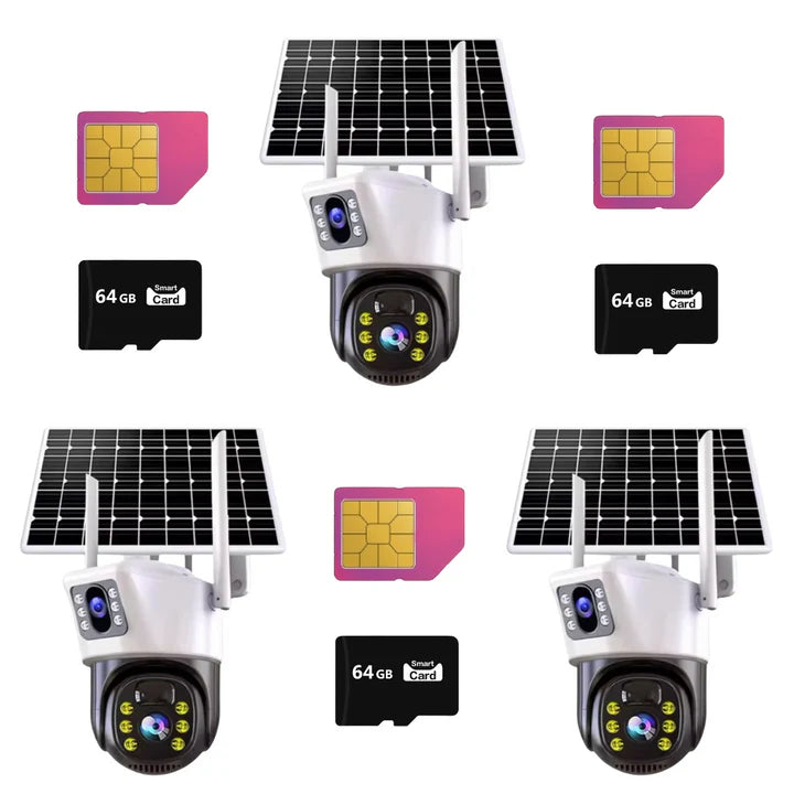 SET 3X Camere 4G de Supraveghere Duale, Panou Solar, Detectare umana PIR, 4K HD Rezolutie 6MP, 3x Carduri 64GB incluse