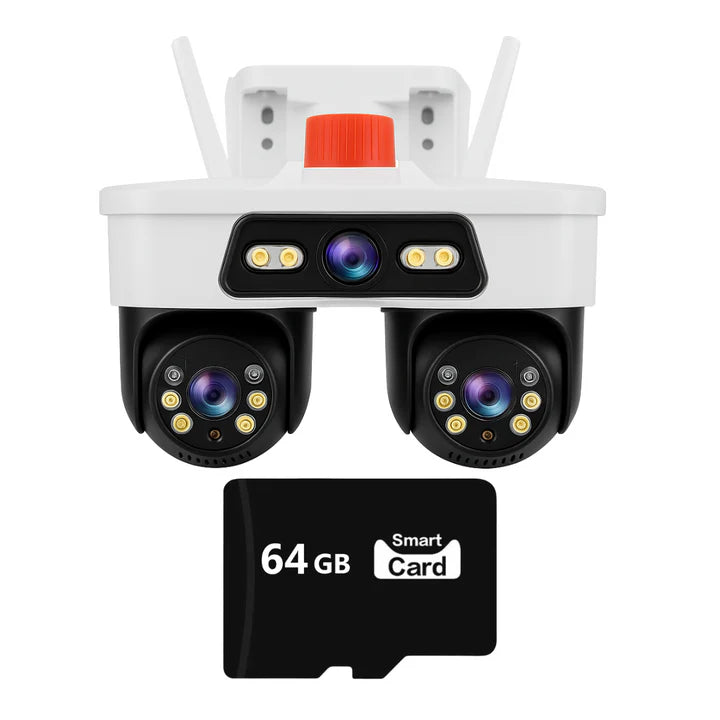 Camera Tripla WiFi/LAN Jortan, 9MP, Dual Head PTZ 355°, Viziune Nocturna Color, Detectare Umana AI, IP66, Card 64GB Inclus