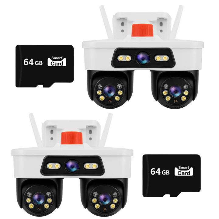 Set 2x Camere Triple WiFi/LAN Jortan, 9MP, Dual Head PTZ 355°, Viziune Nocturna Color, Detectare Umana AI, IP66, 2x Card 64GB Incluse