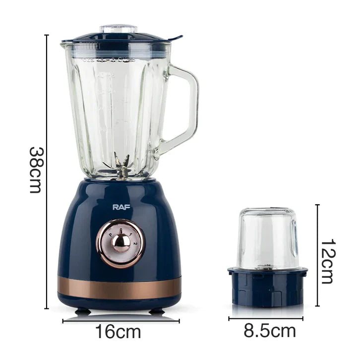 Blender Electric RAF din Sticla – 1000W, 1.5L, 6 Lame Inox + Rasnita de Cafea, Albastru