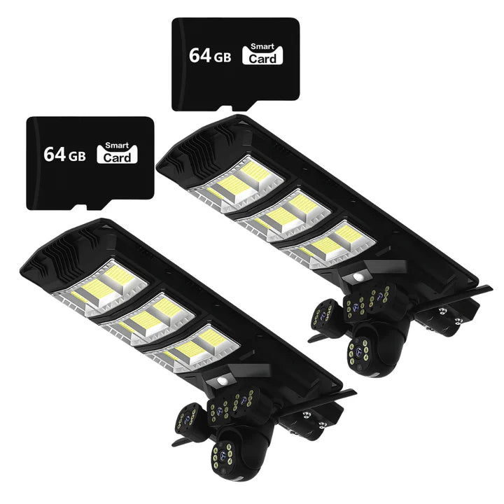 Set 2x Lampi Solare 450W cu 3 Camere 12MP, Slot SIM 4G, Vedere Nocturna + 2x Carduri 64GB