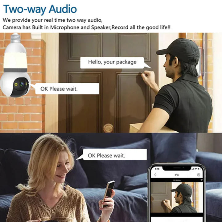 SET 2X Camere Smart Tip Bec V380Pro 3MP, Detectie AI, Sirena + Microfon, Vizibilitate Nocturna 25m