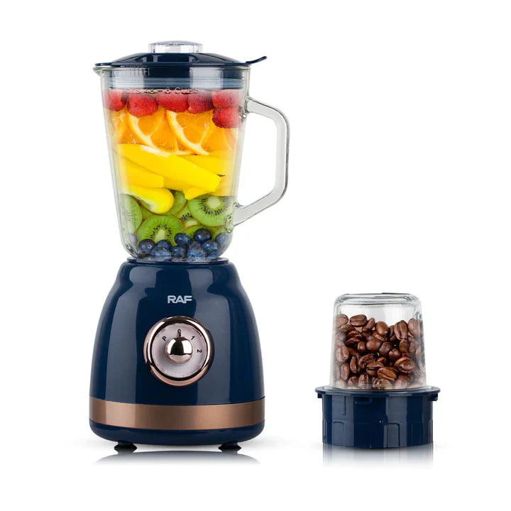 Blender Electric RAF din Sticla – 1000W, 1.5L, 6 Lame Inox + Rasnita de Cafea, Albastru