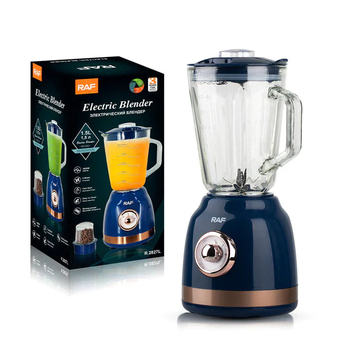 Blender Electric RAF din Sticla – 1000W, 1.5L, 6 Lame Inox + Rasnita de Cafea, Albastru