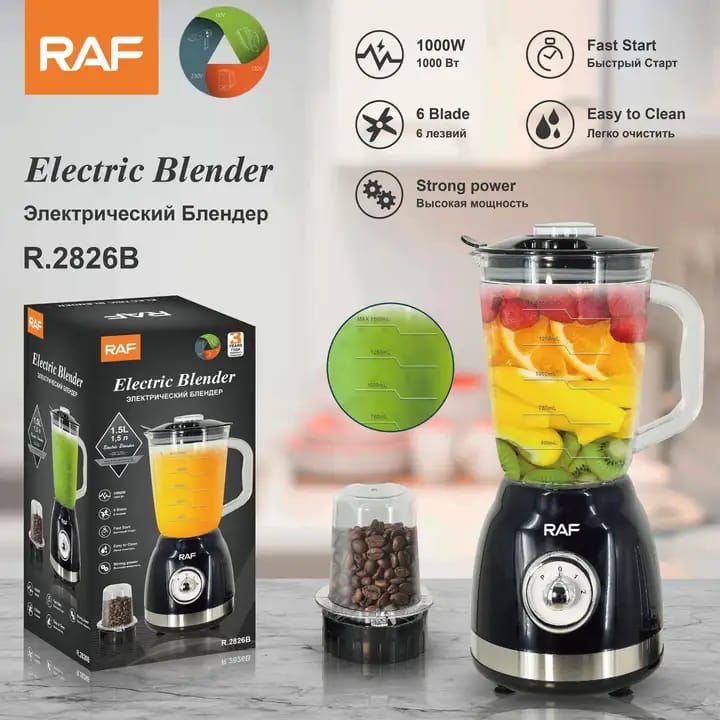 Blender de Bucatarie RAF – 1000W, Vas de Sticla Rezistent, Cu Rasnita si 2 Viteze