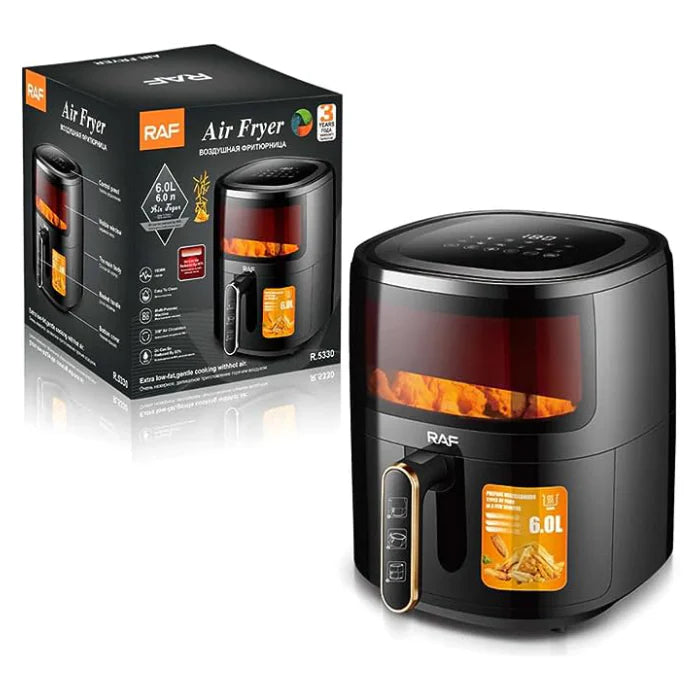 Friteuza Air Fryer RAF, 6L, Aer Cald Fara Ulei, 1500W, Touch Screen Digital, Negru, Sticla Transparenta