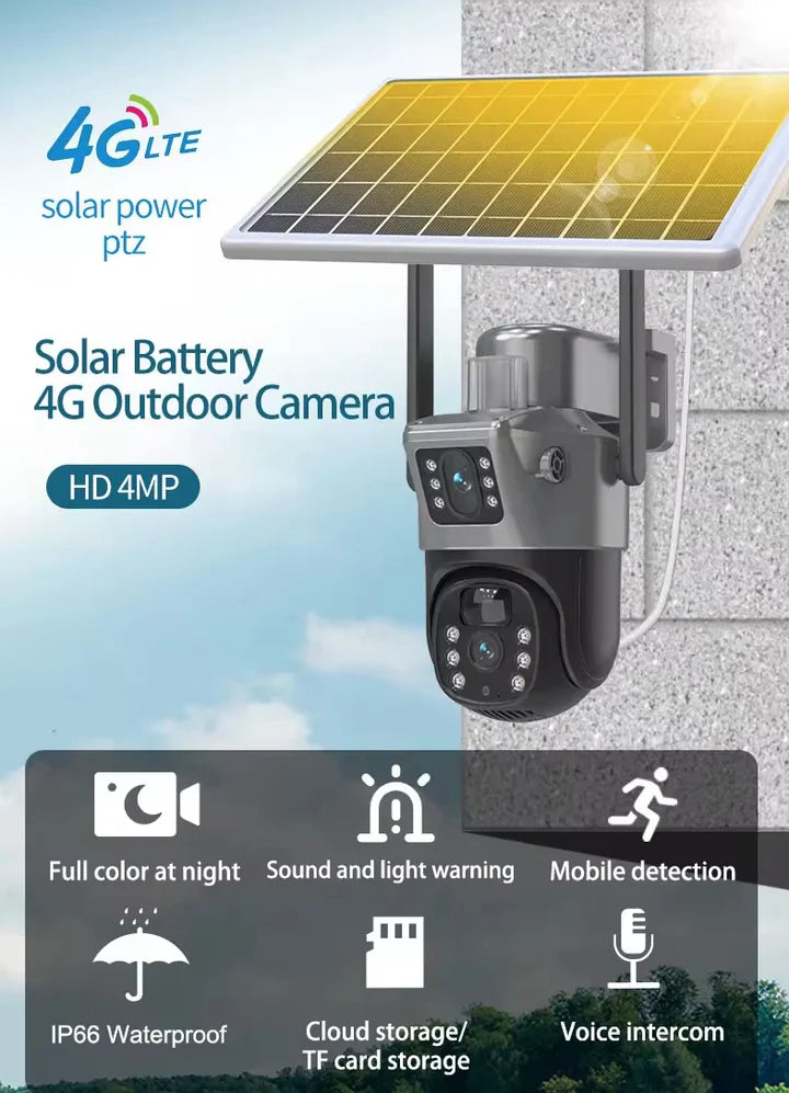 Camera de Supraveghere Duala 4G, cu Slot de Cartela SIM, 6MP Panou Solar, Viziune Nocturna, IP66