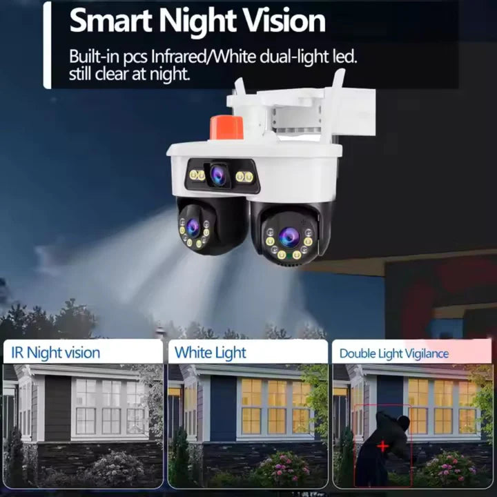 Set 2x Camere Triple WiFi/LAN Jortan, 9MP, Dual Head PTZ 355°, Viziune Nocturna Color, Detectare Umana AI, IP66, 2x Card 64GB Incluse