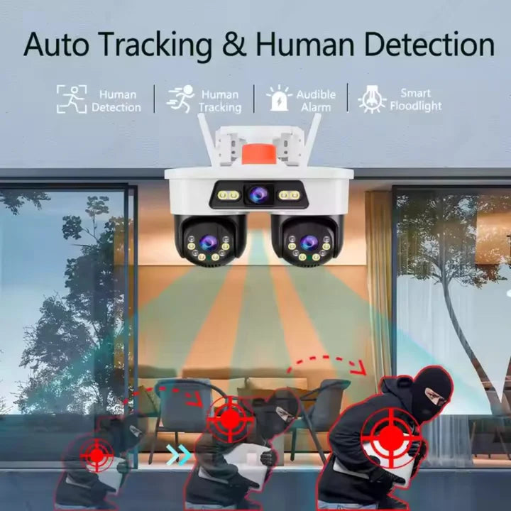 Camera Tripla WiFi/LAN Jortan, 9MP, Dual Head PTZ 355°, Viziune Nocturna Color, Detectare Umana AI, IP66, Card 64GB Inclus