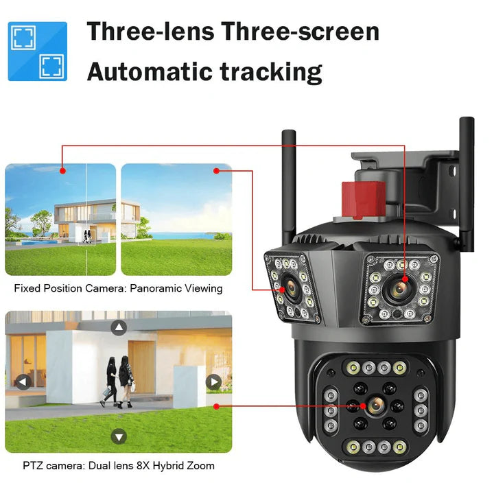 Set 3x Camere Triple 4G/Cablu 6K 12MP, Zoom Digital 8X, AI Motion Detection, Night Vision, PTZ 355°/90°, IP66, 3x Card 64GB Incluse