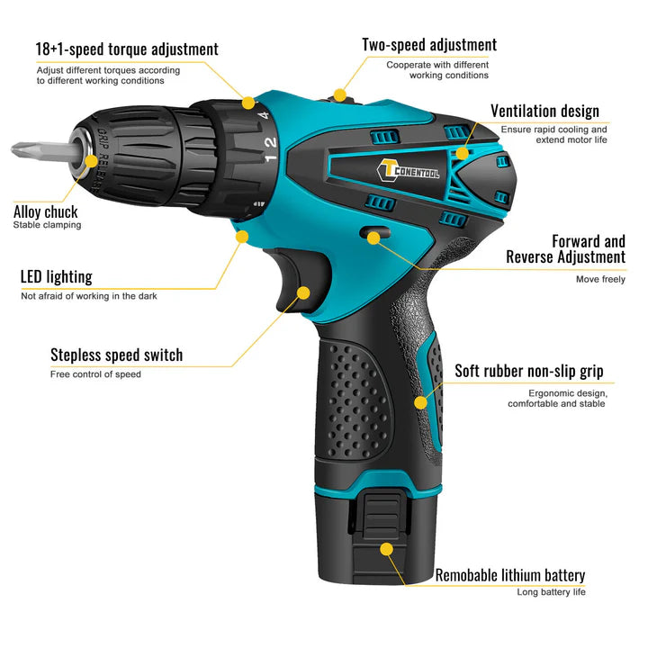 Set Bormasina Electrica - cu 2 Acumulatori 12V, Set 24 de Accesorii, 1400 RPM
