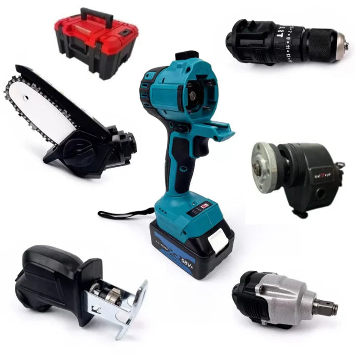 Trusa Completa 5in1 - Scule Electrice, cu Acumulator 48V, Bormasina, Cheie impact, Minidrujba, Fierastrau sabie