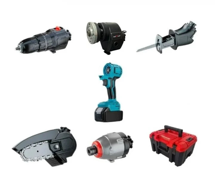 Trusa Completa 5in1 - Scule Electrice, cu Acumulator 48V, Bormasina, Cheie impact, Minidrujba, Fierastrau sabie